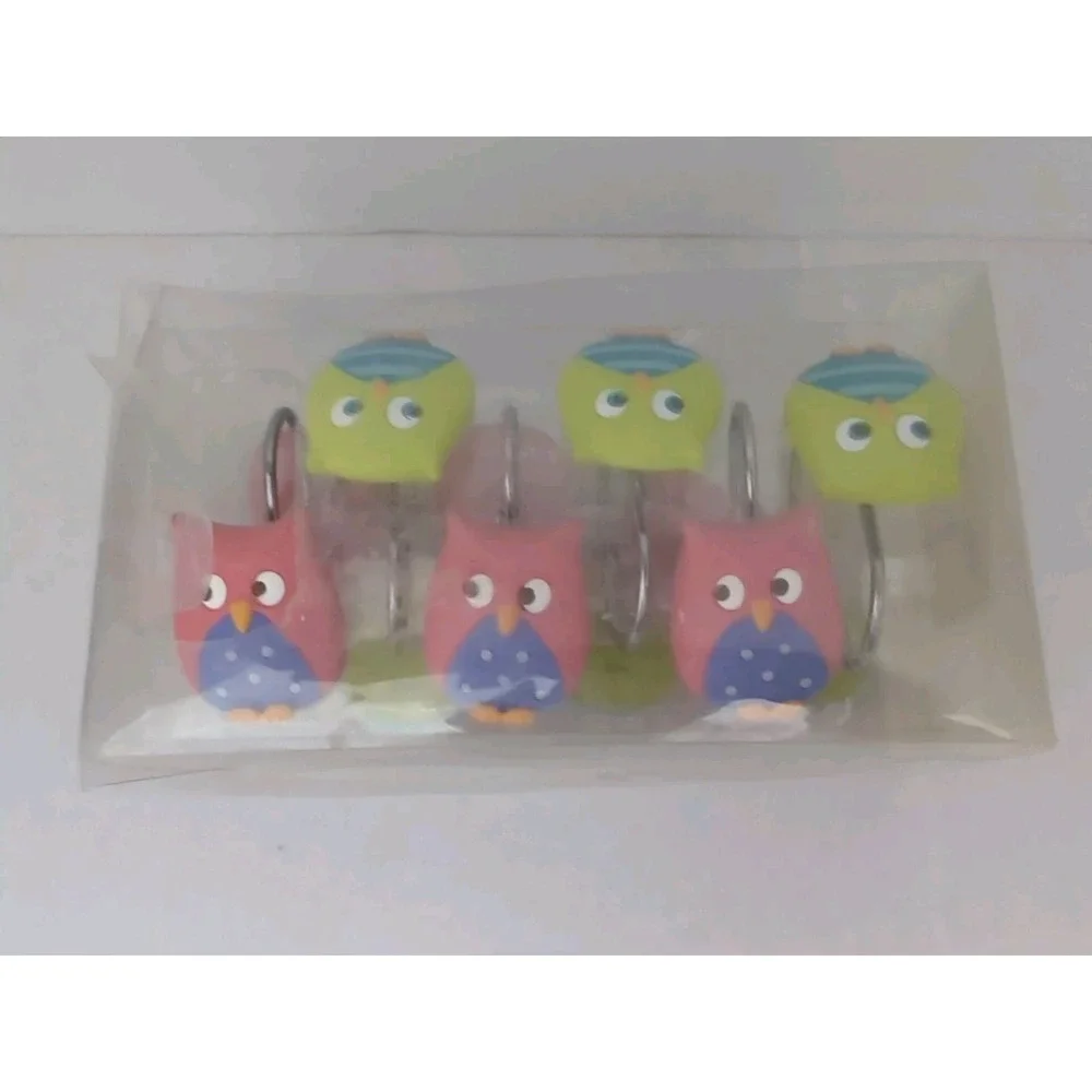 Mainstays Whooty Hoot Set of 12 Pink And Green Owl Shower Curtain Hooks New